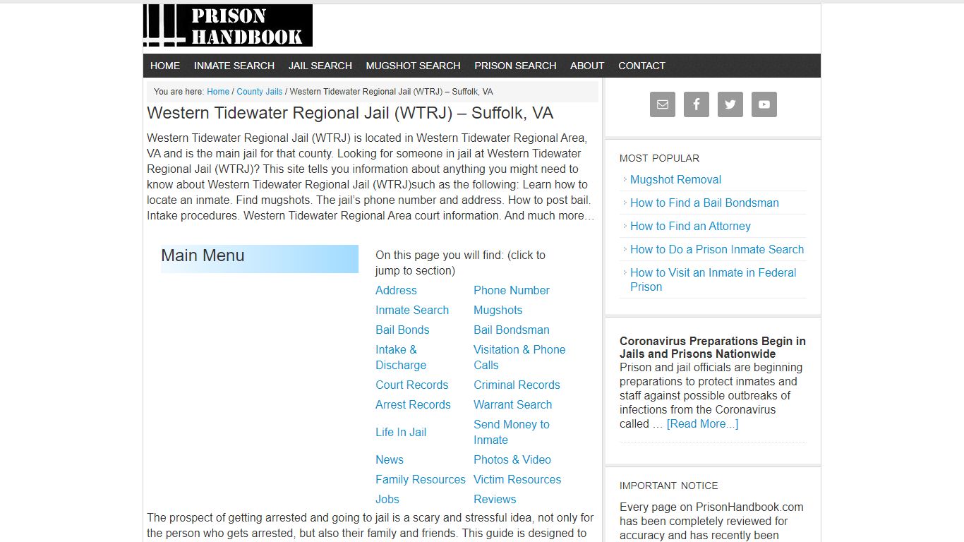 Western Tidewater Regional Jail (WTRJ) – Suffolk, VA - Prison Handbook