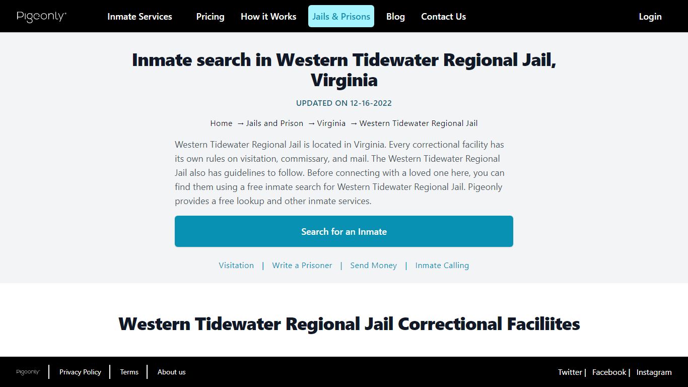 Inmate search in Western Tidewater Regional Jail, Virginia